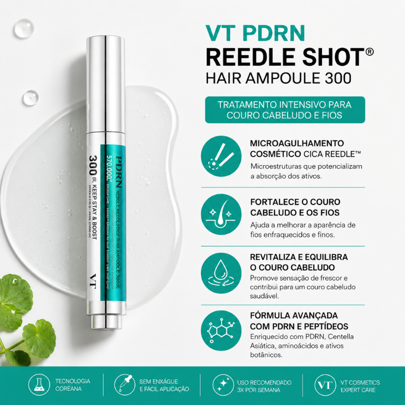 VT PDRN Reedle Shot Hair Ampoule 300 15ml – Tratamento Capilar Coreano com Microagulhamento Cosmético, PDRN e Tecnologia CICA REEDLE™