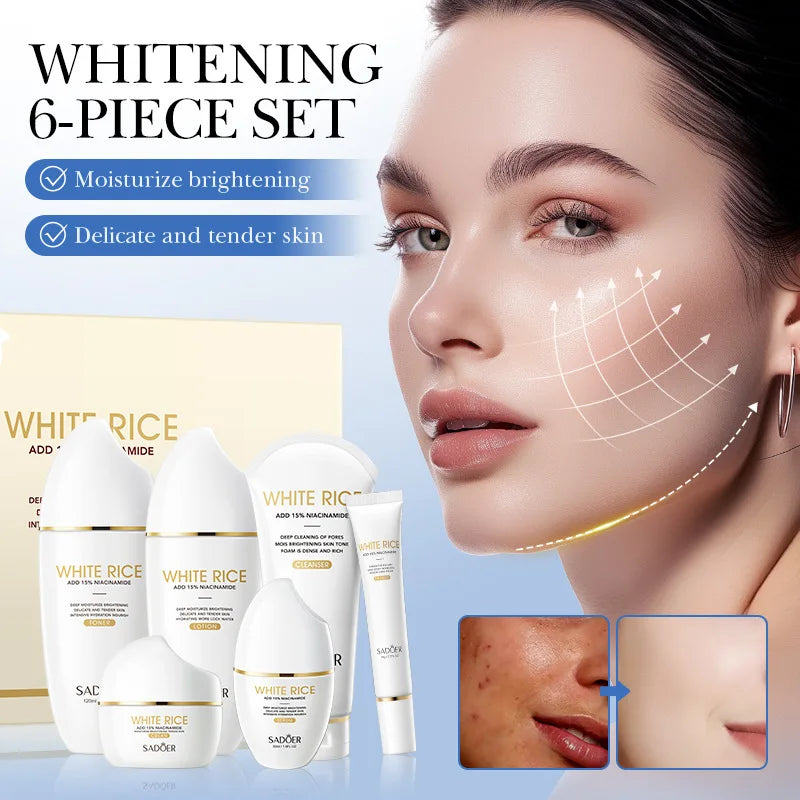Conjunto de Cuidados Essenciais com a pele , soro facial clareador, creme removedor de rugas, encolhe os poros, desbota, melanina opaca, hidrata e ilumina, (6 peças)